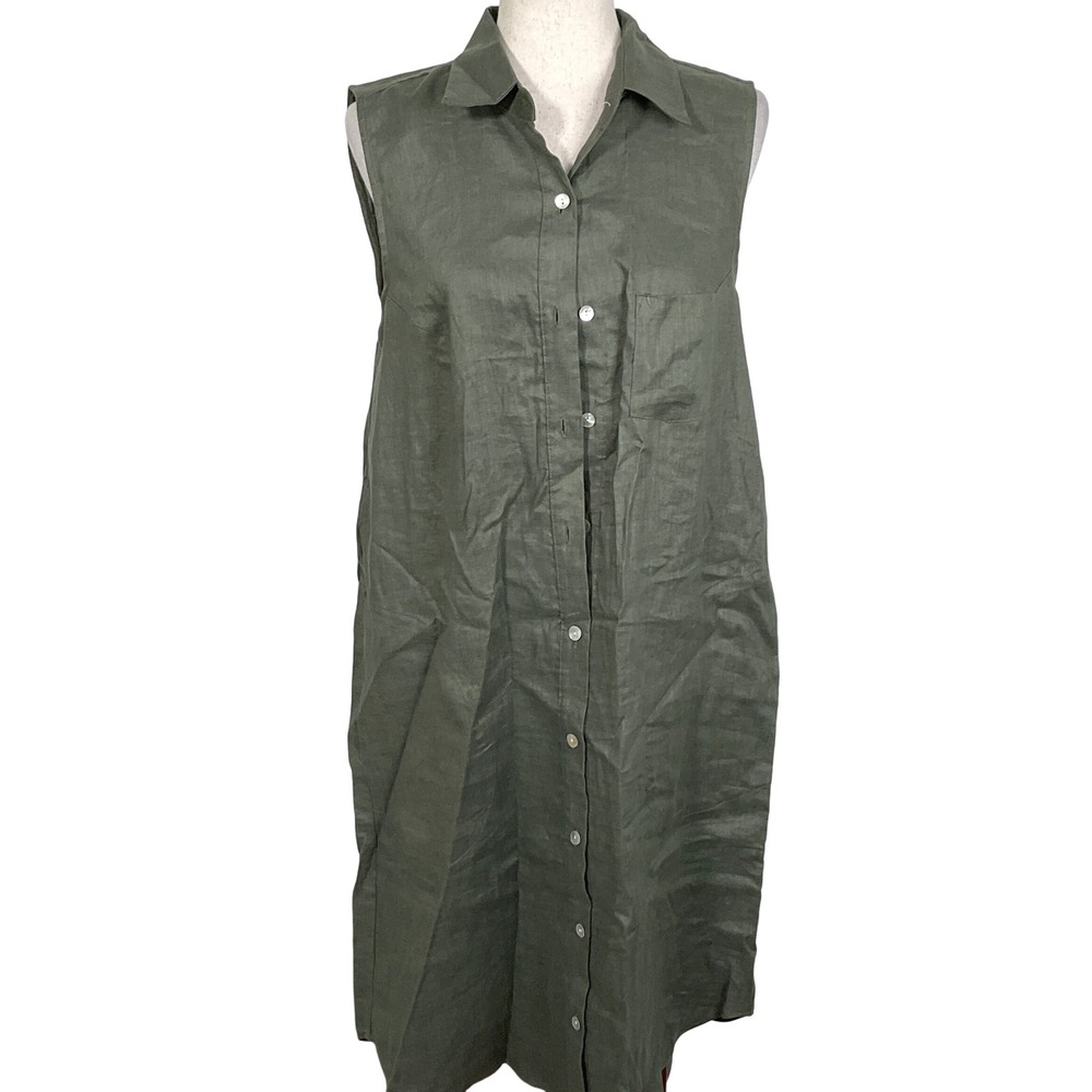 Karen Kane Dress Green Shirt Linen Sleeveless Button Summer Classic Casual USA